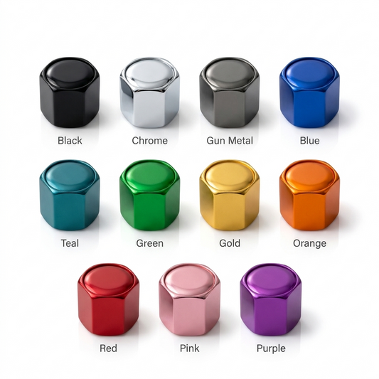 Billet Labz Colour Lab - custom hex head valve caps in 11 anodised colours: Black, Chrome, Gun Metal, Blue, Teal, Green, Gold, Orange, Red, Pink, Purple